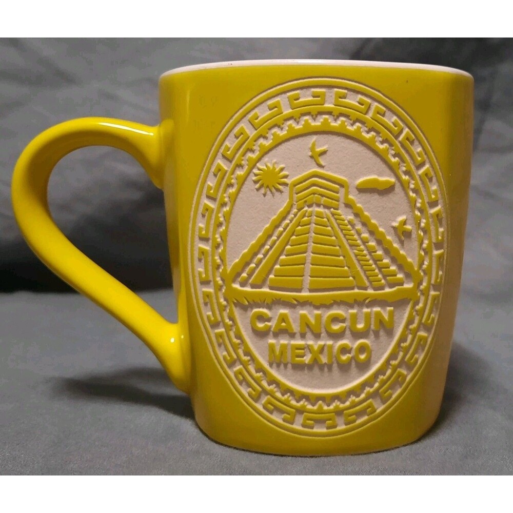 Cancun Mexico Yellow Souvenir Coffee Mug Mayan Pyramid Travel Ceramic Cup Etched